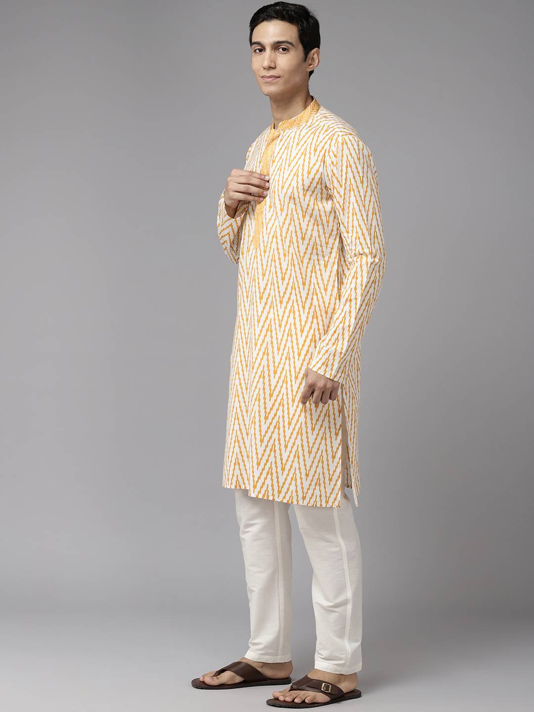 Men White & Mustard Pure Cotton Embroidered Straight Kurta With Pajama