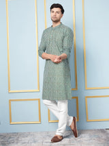 Men Green and White Printed Kurta With pyjama