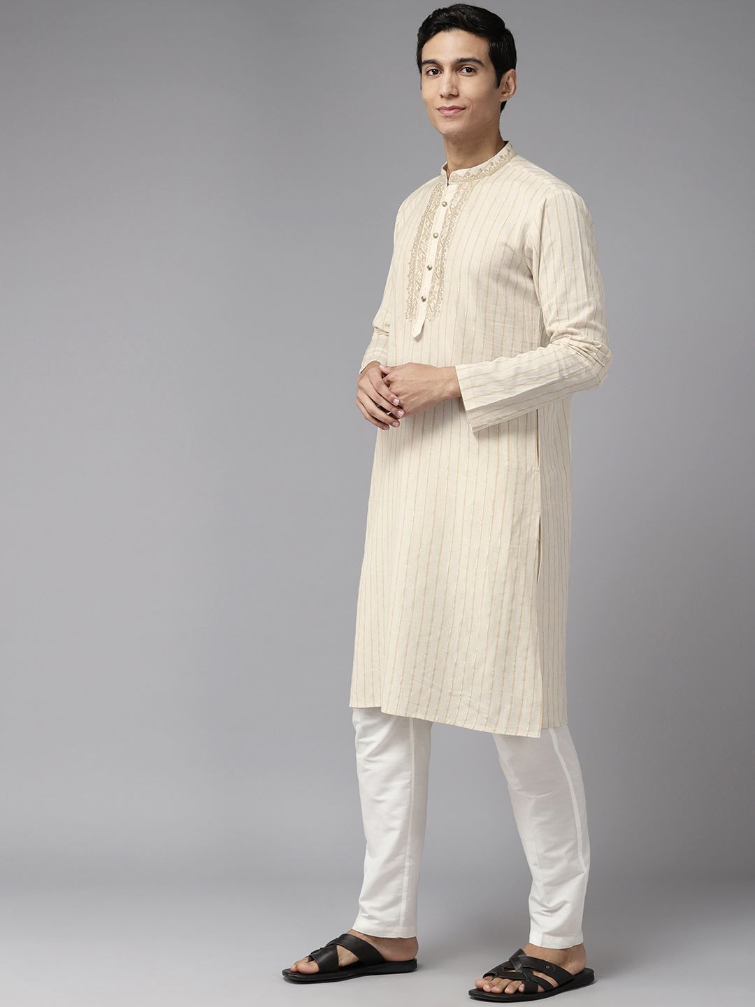 Men Beige & Gold Silk Woven Design Straight Kurta With Pajama