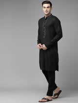 Men Black & Silver Silk Woven Design Straight Kurta With Pajama