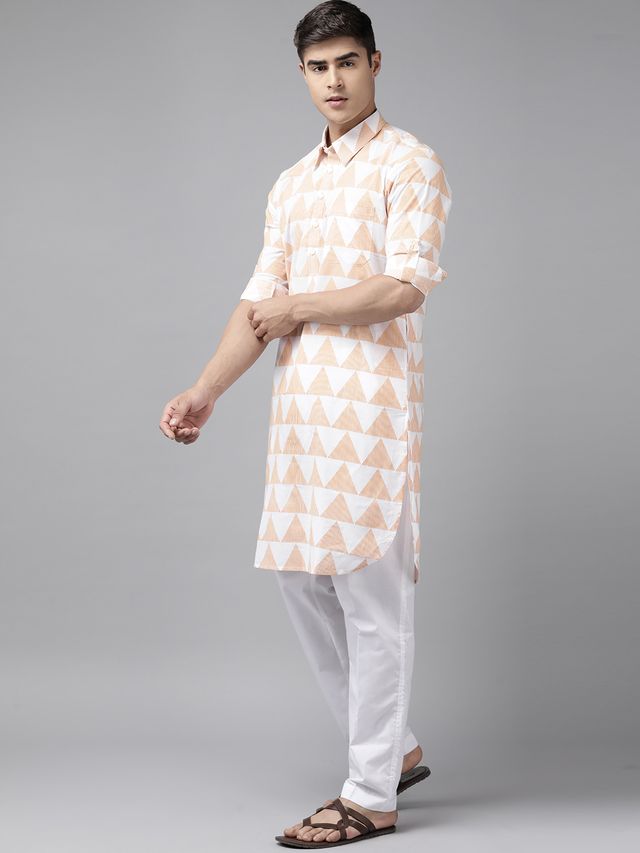 Men White Regular Pure Cotton Pathani Printed Men's Kurta With White Salwar