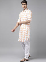 Men White Regular Pure Cotton Pathani Printed Men's Kurta With White Salwar