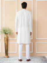 Off White Embroidered Thread Work Sequin Chanderi Silk Straight Kurta