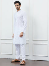 Men White Kurta with Navy Blue Stripes and Pajama