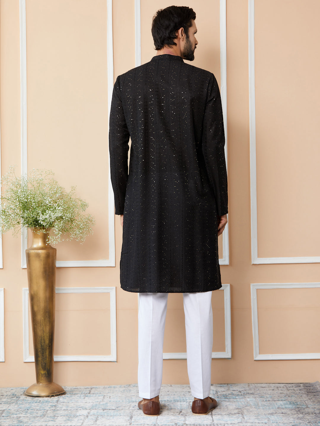 Black Embroidered Thread Work Sequinsed Chanderi Silk Straight Kurta with Pyjama