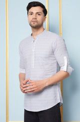 Men Grey & White Geometric Printed Cotton Short Kurta