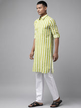 Men Lime Green Regular Pure Cotton Pathani Printed Men's Kurta With White Salwar