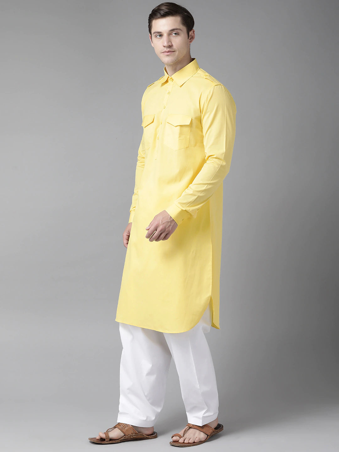 Riwaat.com Men Yellow Pathani Kurta with Salwar Riwaat Haldi Pathani Plain