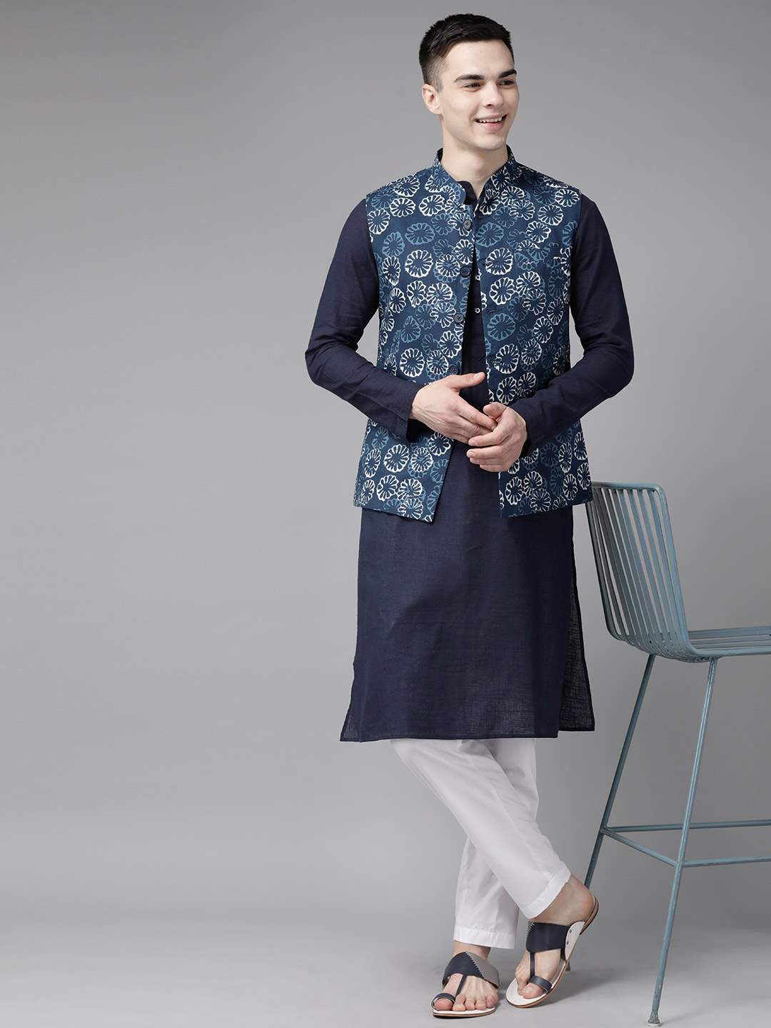 Men Blue & Beige Printed Pure Cotton Nehru Jacket