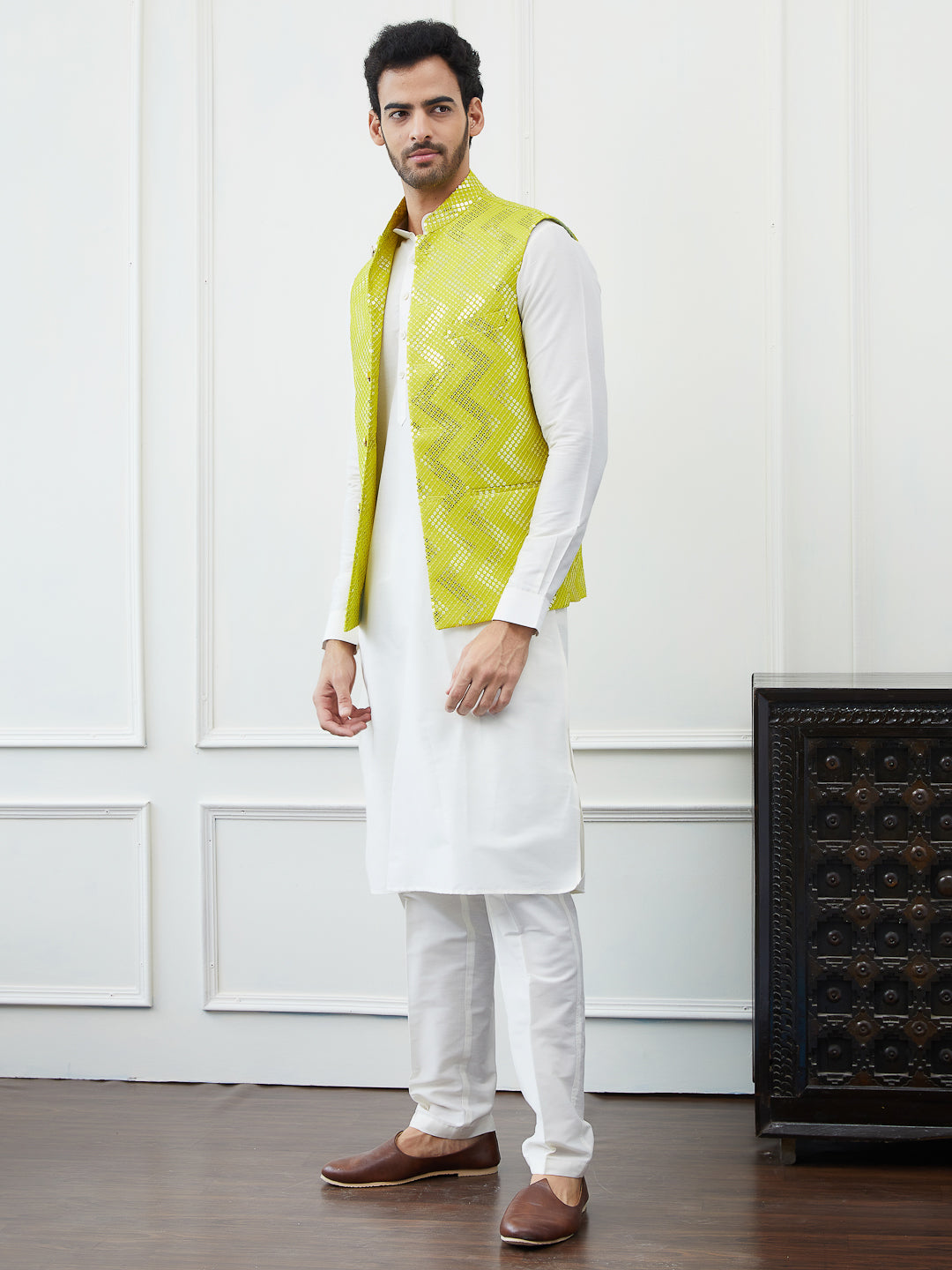 Men Lime Green Color Woven Design Thread Work Sequence Nehru Jacket