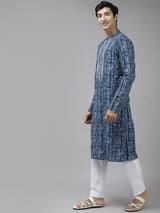 Men Indigo Printed Thread Work Kurta With Pajama