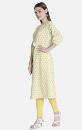 Women Off White And Yellow Printed Kurti