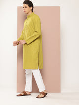 Men Lime Green Embroidered Sequin Rayon Kurta