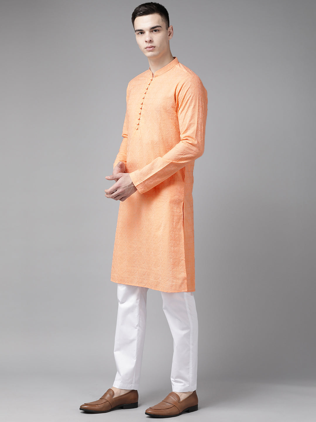 Riwaat.com Men Peach Pure Cotton Chikankari Embroidered Straight Kurta With Pajama Riwaat Chikankari Cotton Embroidered