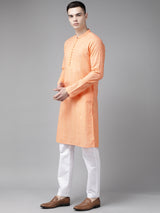 Riwaat.com Men Peach Pure Cotton Chikankari Embroidered Straight Kurta With Pajama Riwaat Chikankari Cotton Embroidered