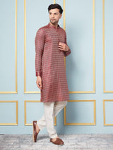 Men Burgundy & Gold Woven Design Thread Work Kurta With pyjama
