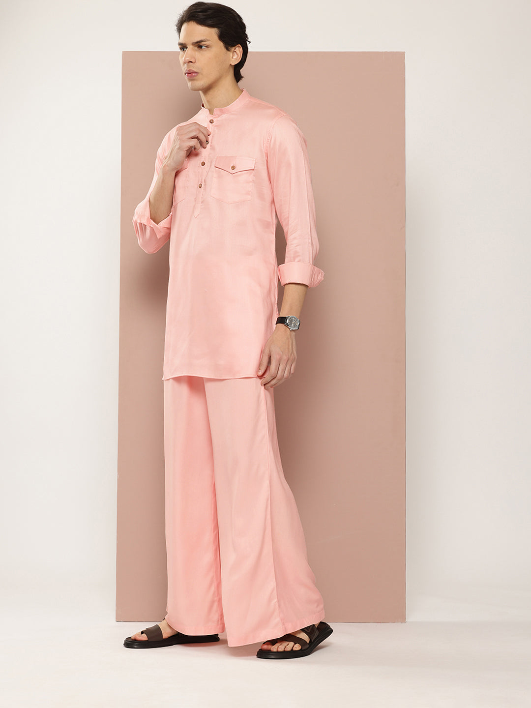 Men Pink Rayon Solid Pathani Sets