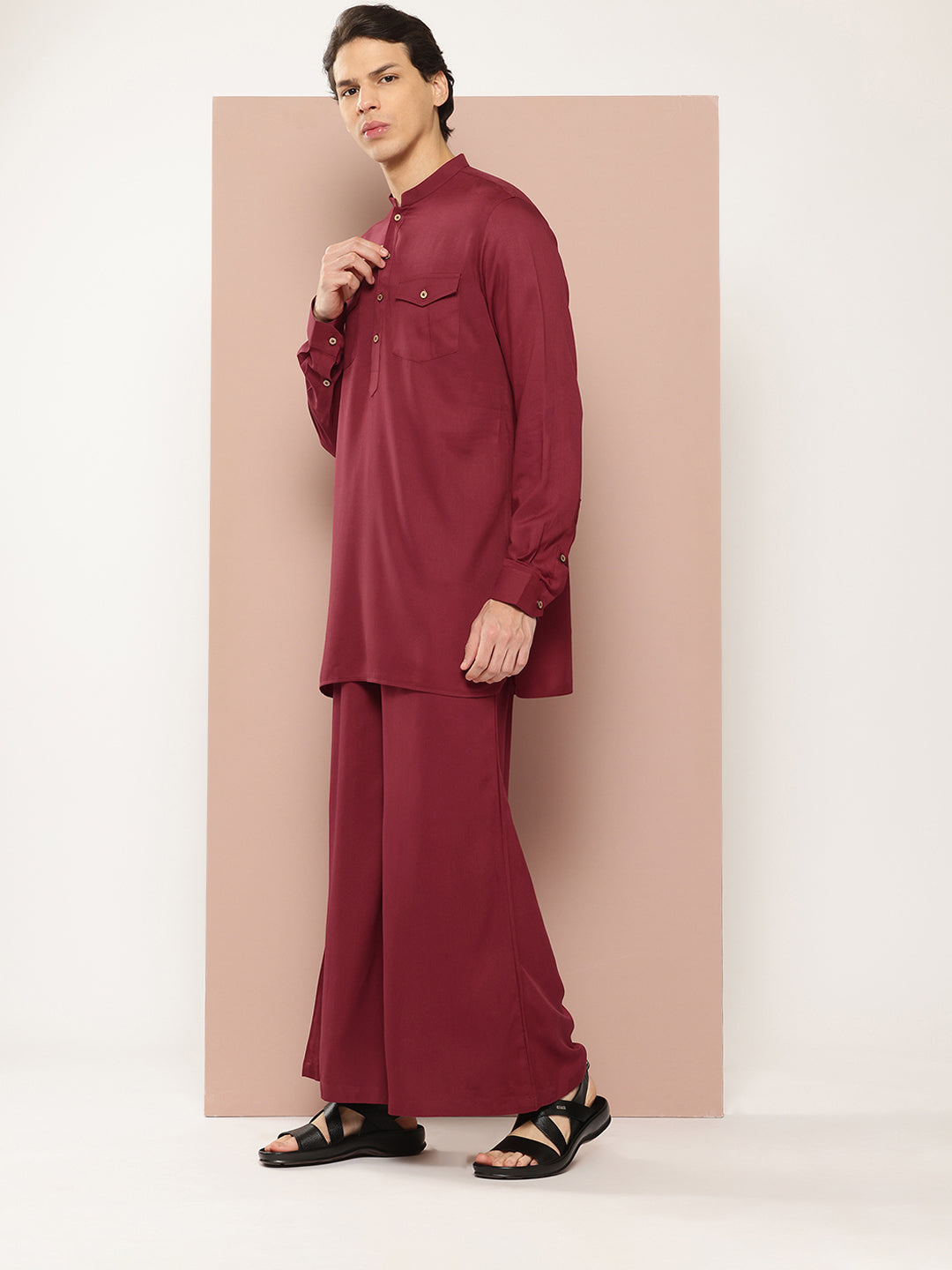 Men Maroon Rayon Solid Pathani Sets