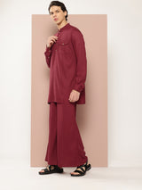 Men Maroon Rayon Solid Pathani Sets