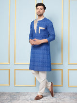 Men Blue and Off White Printed Kurta With pyjama