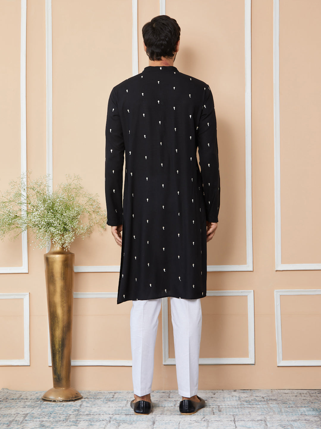 Black Sequins Embroidered Rayon Straight Kurta with Yoke Design and Pyjama