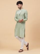 Men Green and Silver Thread Work Kurta With pyjama