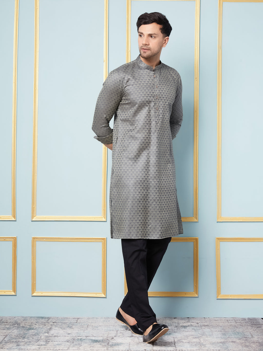 Men Charcoal & Gold Woven Design Thread Work Kurta With pyjama