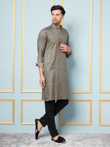 Men Charcoal & Green Woven Design Thread Work Kurta With pyjama
