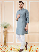 Men Grey Cotton Solid Pathani Kurta with Pyjama