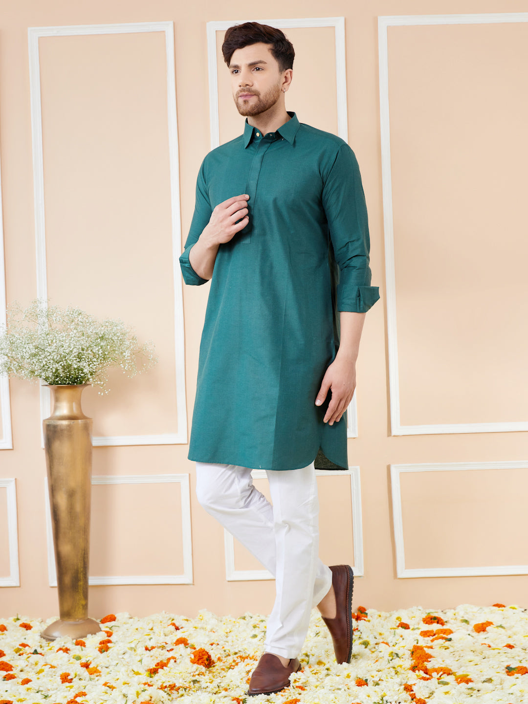 Men Green Cotton Solid Pathani Kurta with Pyjama