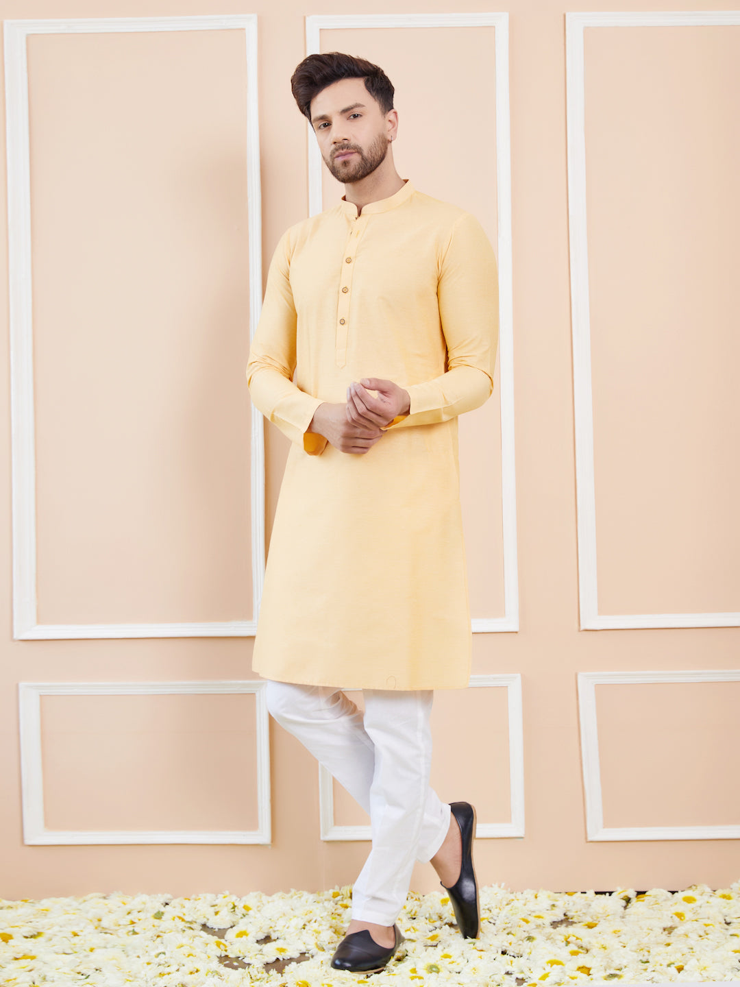 Men Beige Cotton Solid Straight Kurta With Pyjama