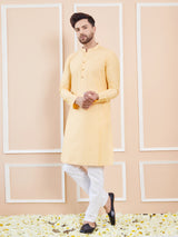 Men Beige Cotton Solid Straight Kurta With Pyjama