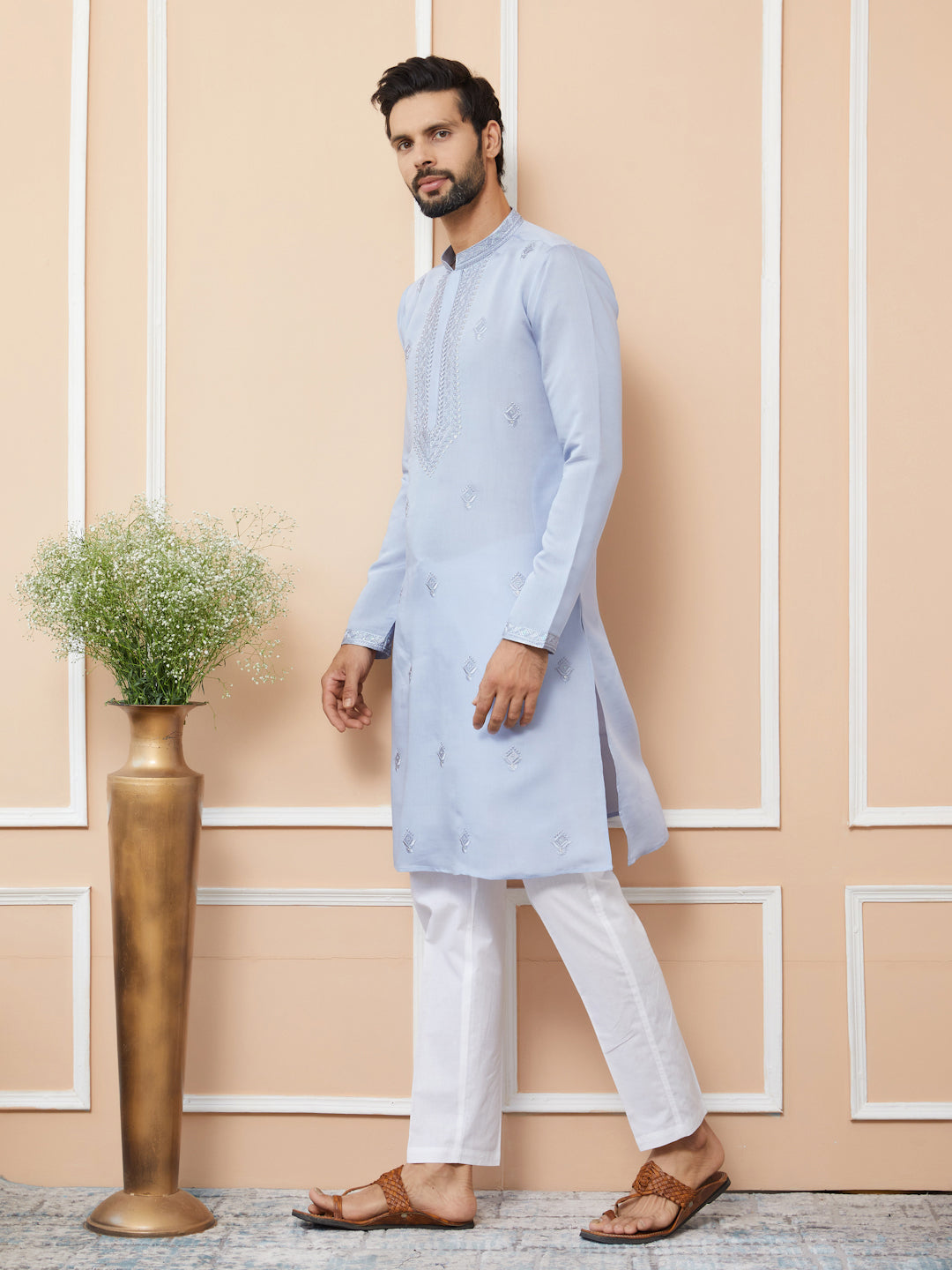 Blue Embroidered Chanderi Silk Straight Kurta with Pyjama