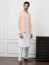 Men Peach Color Woven Design Embroidery With Sequence Cotton Nehru Jacket