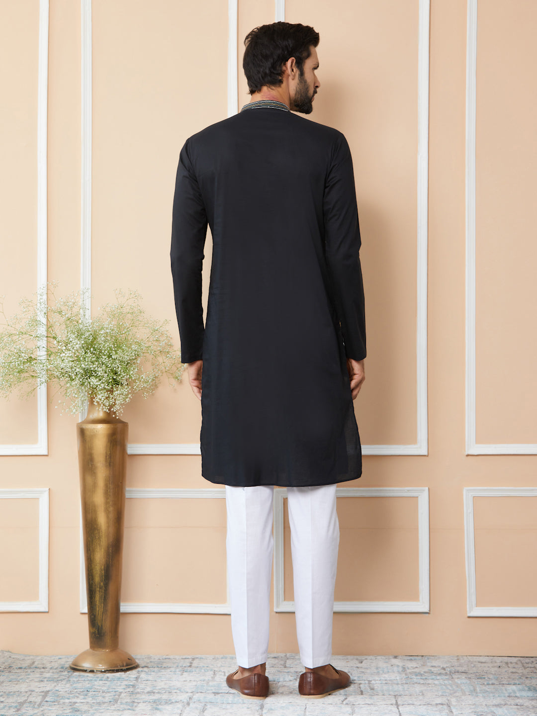 Black Thread & Sequins Worked Pure Cotton Straight Kurta with Pyjama