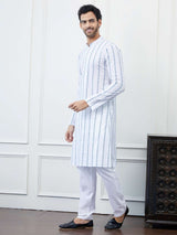 Men White with Blue Linear Pattern Chikankari Embroidered Cotton Kurta Set