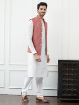 Men Burgundy Color Woven Design Embroidery Cotton Nehru Jacket