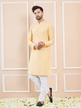 Men Soft Yellow Cotton Solid Straight Kurta With Pajama