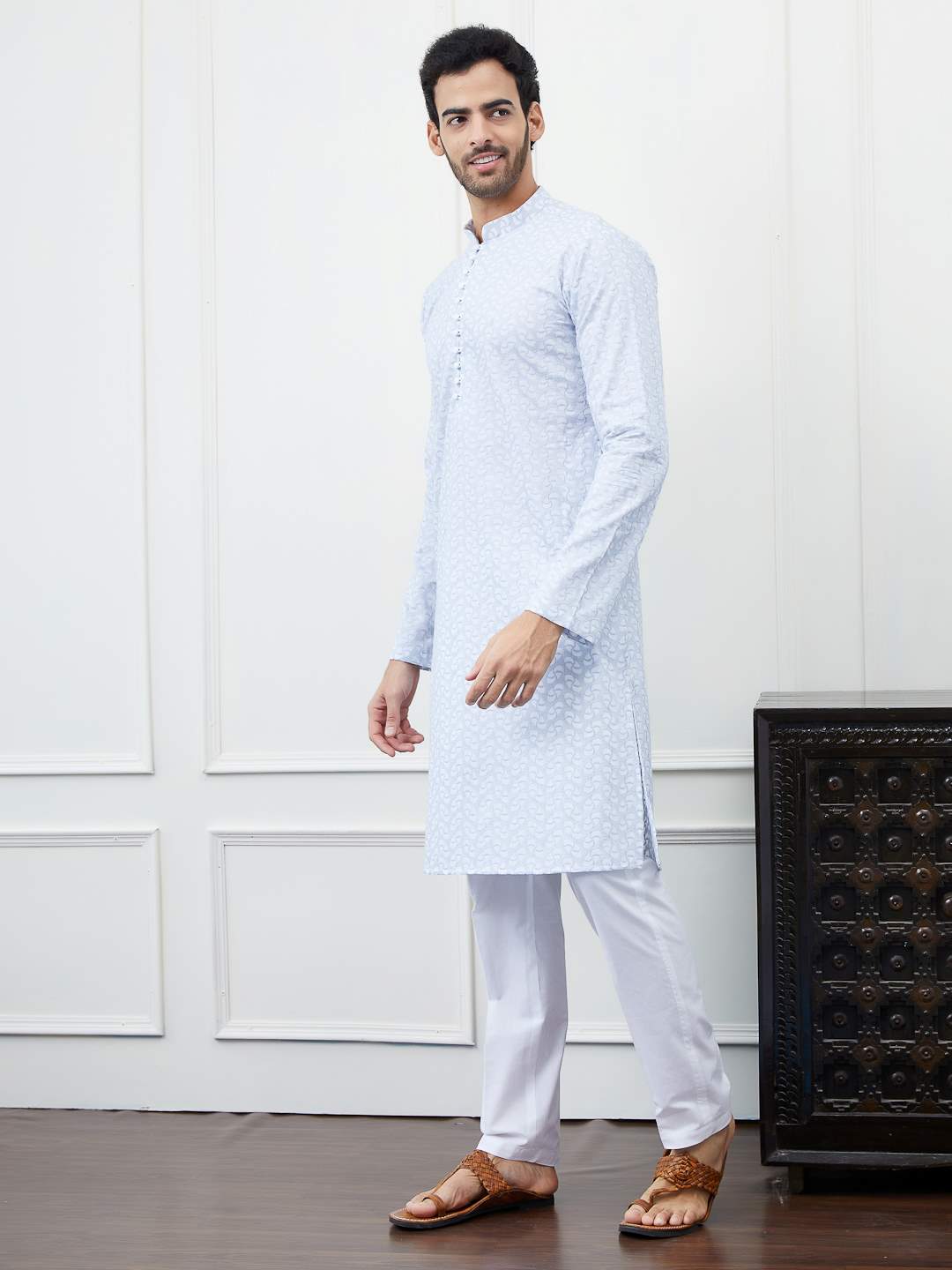 Men Light Blue with White Swirl Pattern Chikankari Embroidered Cotton Kurta Set