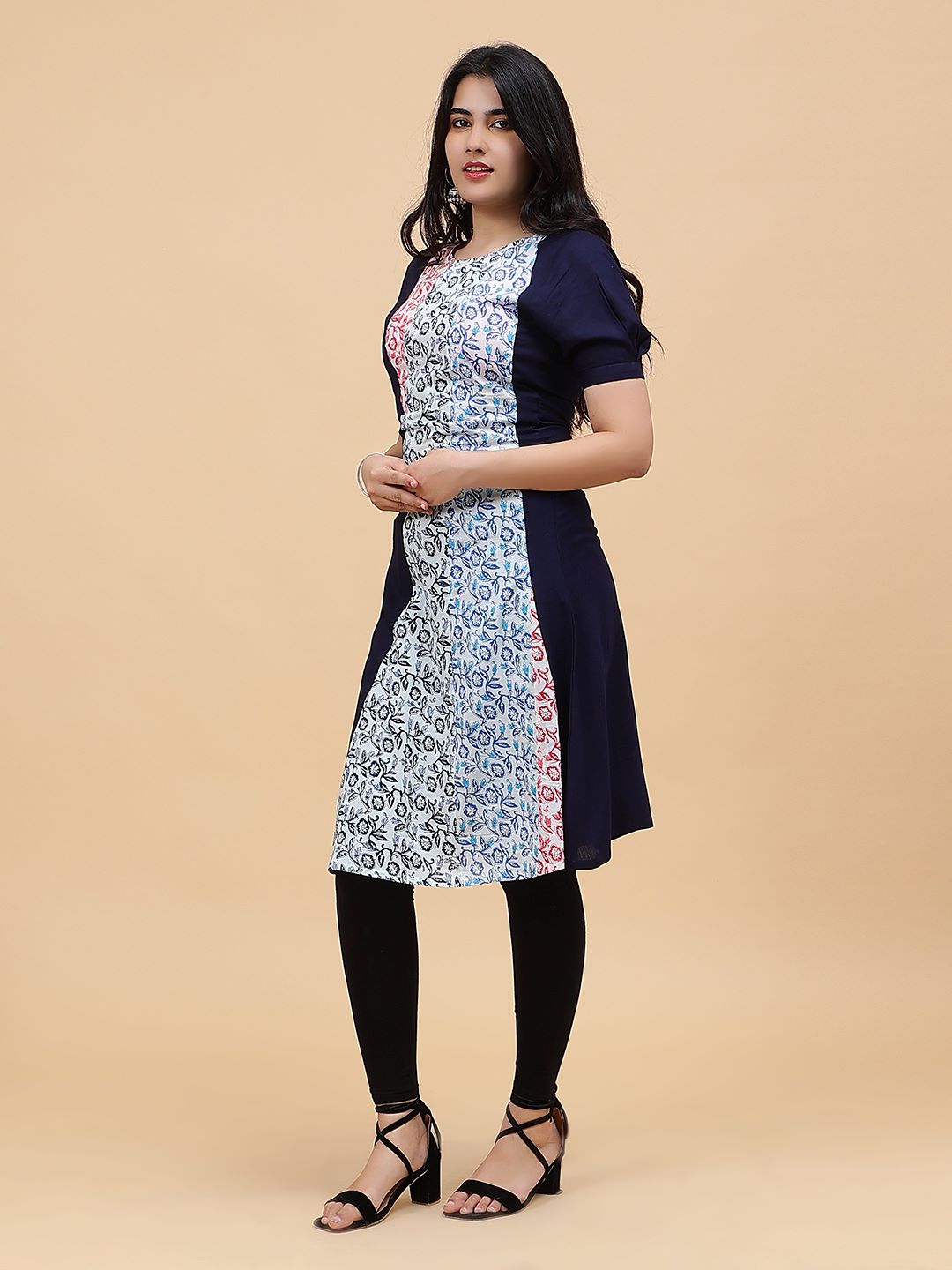 Women Navy Blue with Multicolor Floral Printed Cotton Kurti