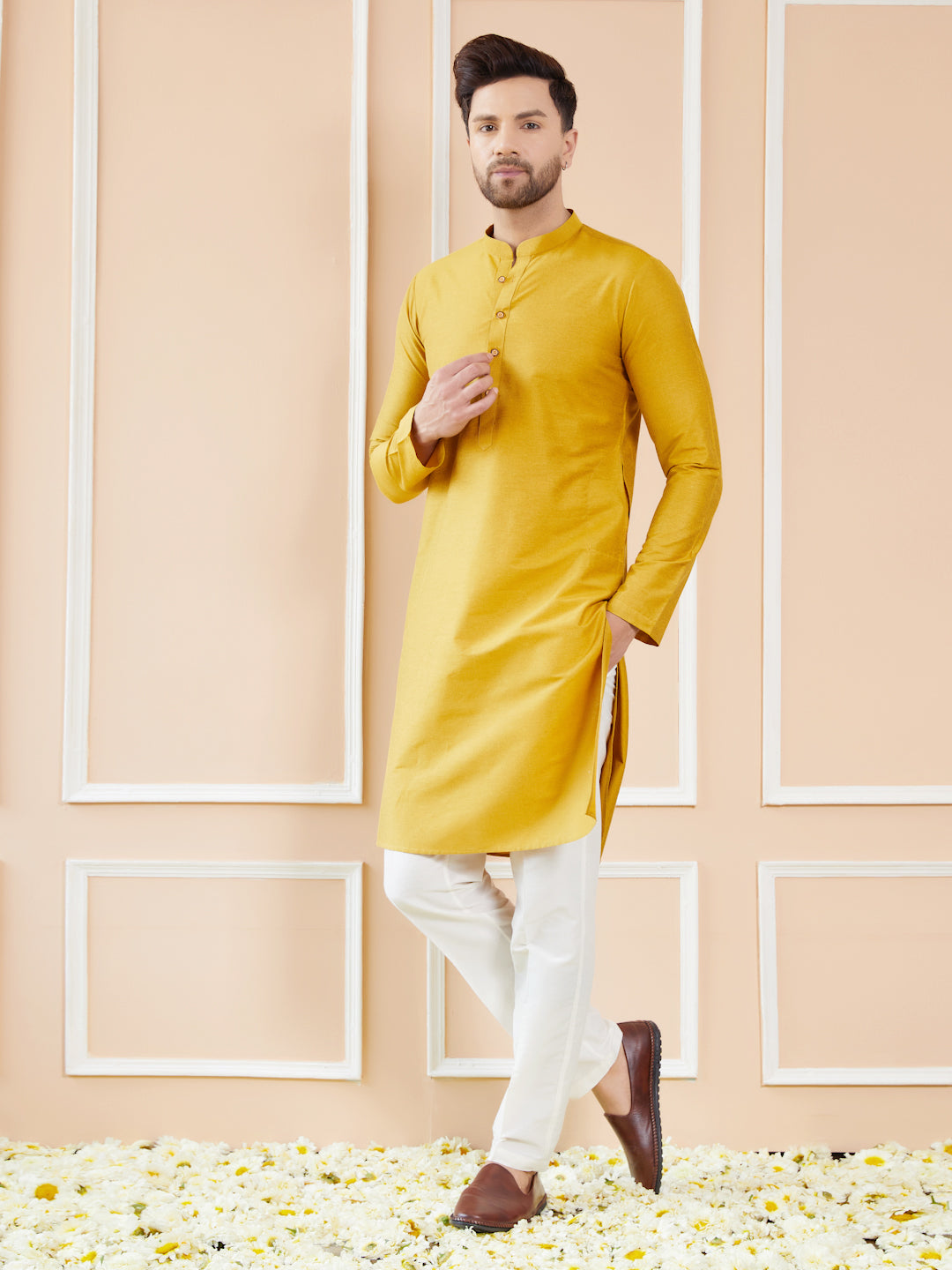 Yellow Cotton Solid Straight Kurta