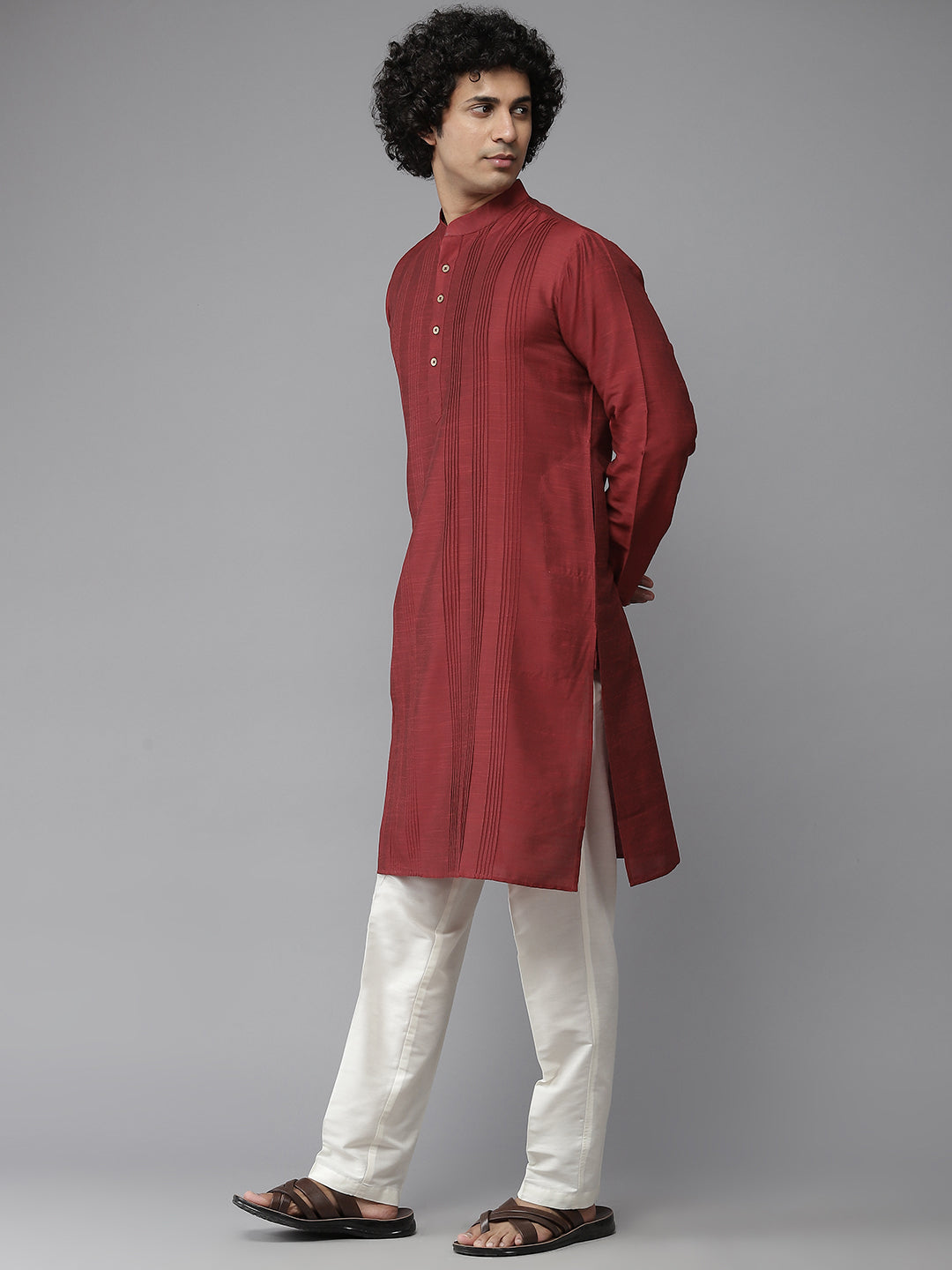 Men Red Cotton Silk Straight Kurta