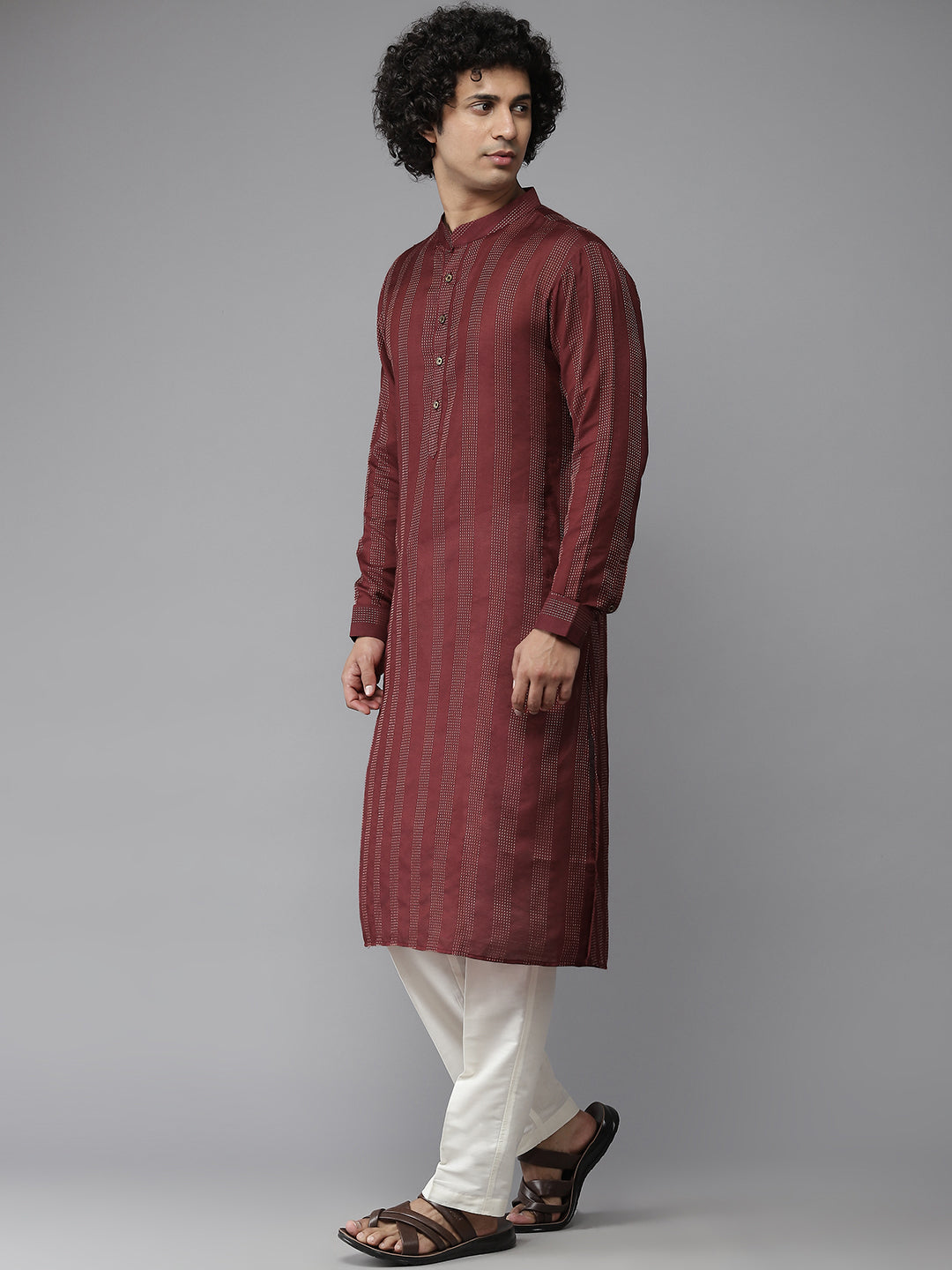 Men Maroon Majesty Woven Design Kurta With Pajama