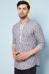 Men Grey & White ZigZag Printed Cotton Short Kurta