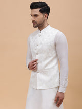 Men Off White & Gold Woven Design Jacquard Nehru Jacket