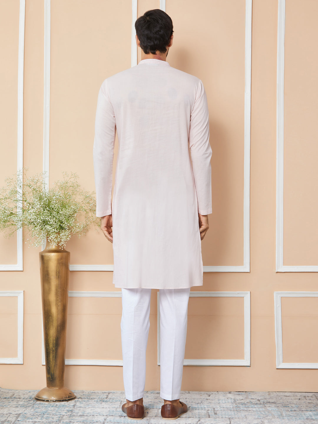 Light Pink Thread & Sequins Worked Pure Cotton Straight Kurta with Pyjama
