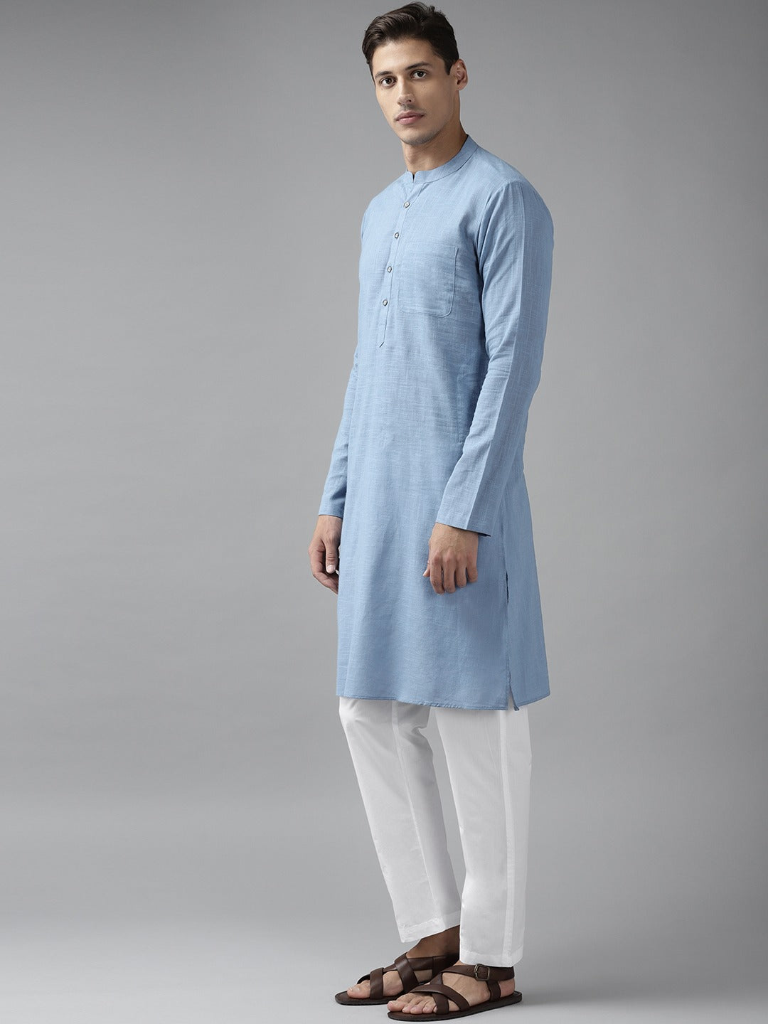 Men Sky Blue Cotton Straight Kurta with Slub Effect With Pajama