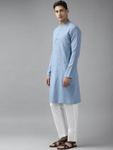 Men Sky Blue Cotton Straight Kurta with Slub Effect With Pajama