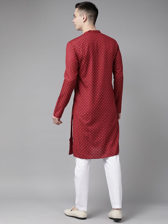 Men Maroon & Gold Printed Straight Kurta With Pyjama