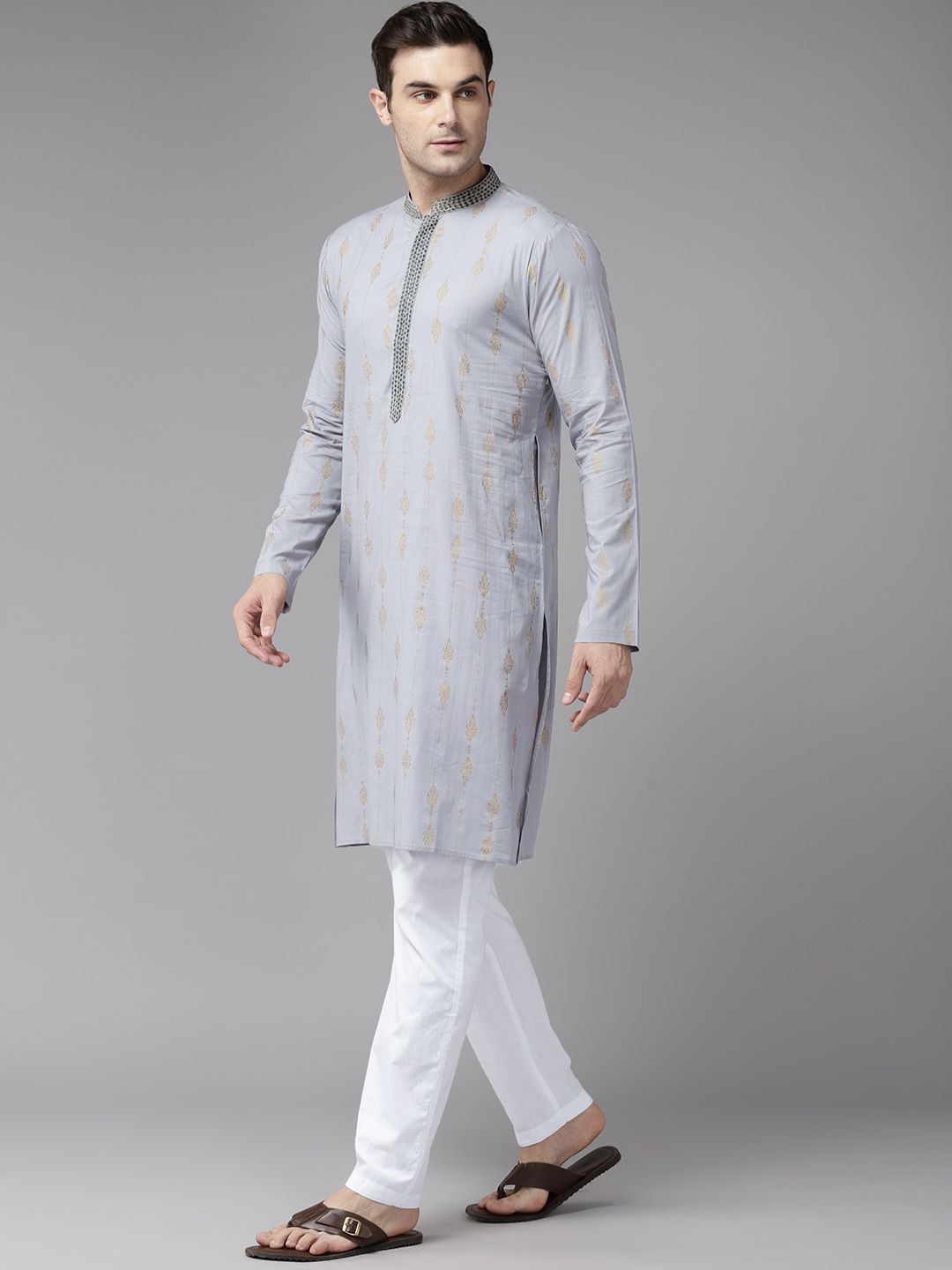 Men Grey & Gold Pure Cotton Embroidered Straight Kurta With Pajama